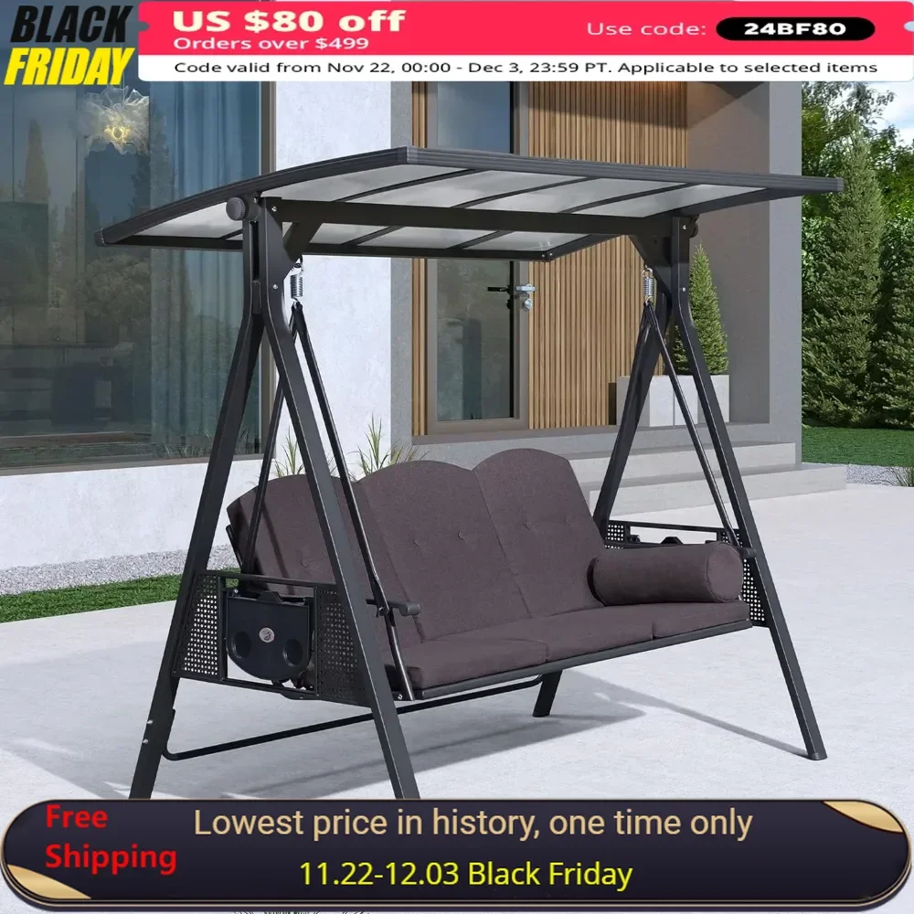 3-seat Outdoor Porch Swing with Adjustable PVC Canopy, Side Cup Holder, Cushions and Pillow Included, Outdoor Swing