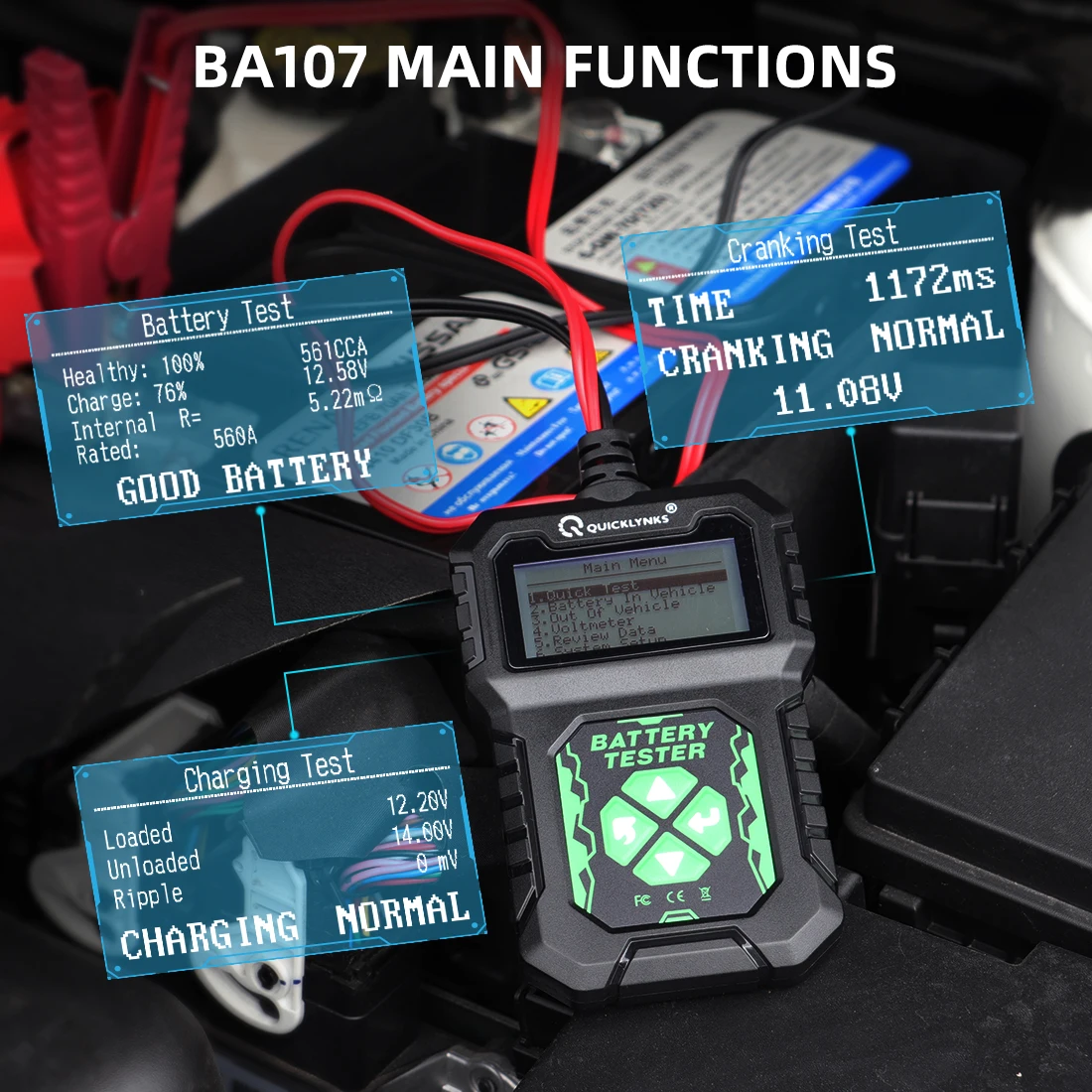 QUICKLYNKS BA107 Car Battery Tester 12V 100-2000CCA Cranking Charging System Tester Auto Battery Analyzer Battery Tools