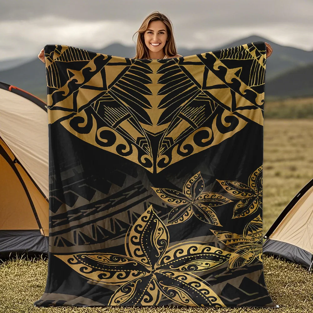 Black and gold Polynesian tribal patterns Blanket for Sofa Bed Travel Camping Living Room Office Conditioning Blanket