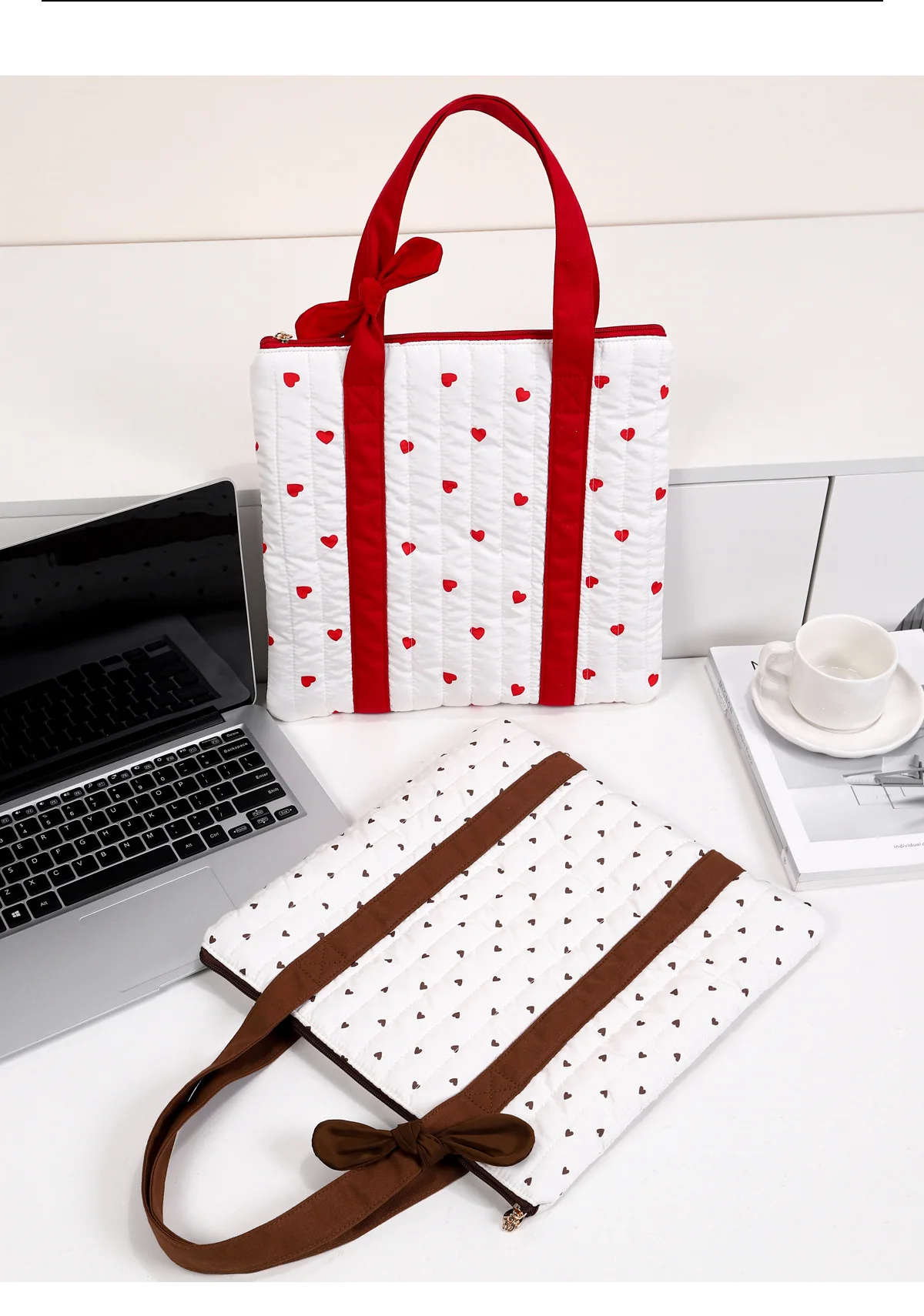 1 Korean-style light and elegant simple heart-shaped handbag with quilted cotton vertical stripes, suitable for carrying a lapto