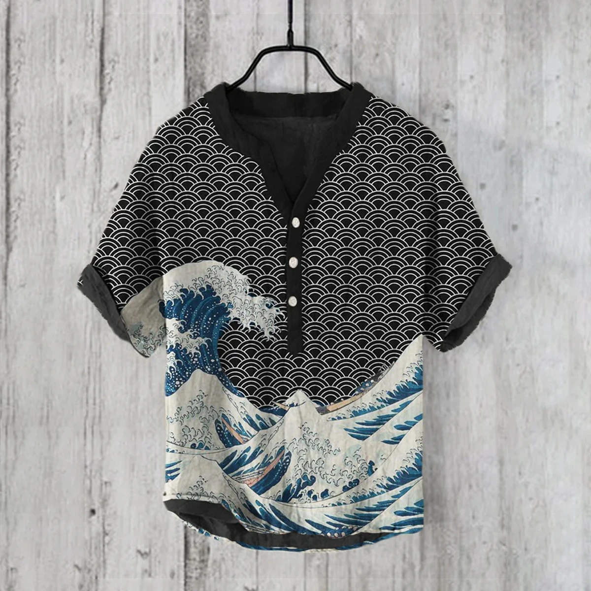 Men's short-sleeved linen shirt V-neck 3D printed wave traditional pattern casual loose and comfortable large size shirt