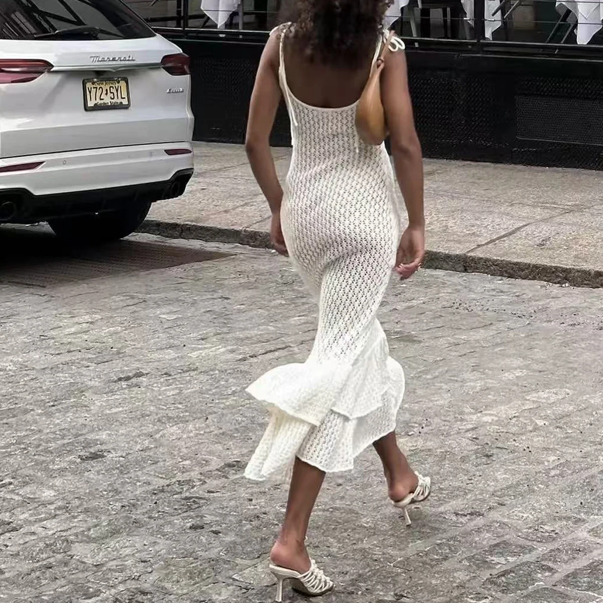 Fashion Style Pool Party Knit Bikini Cover Up Solid Color Double Flounces Slip Dress Sexy Hollow out Beachwear Tie Up Cover-ups