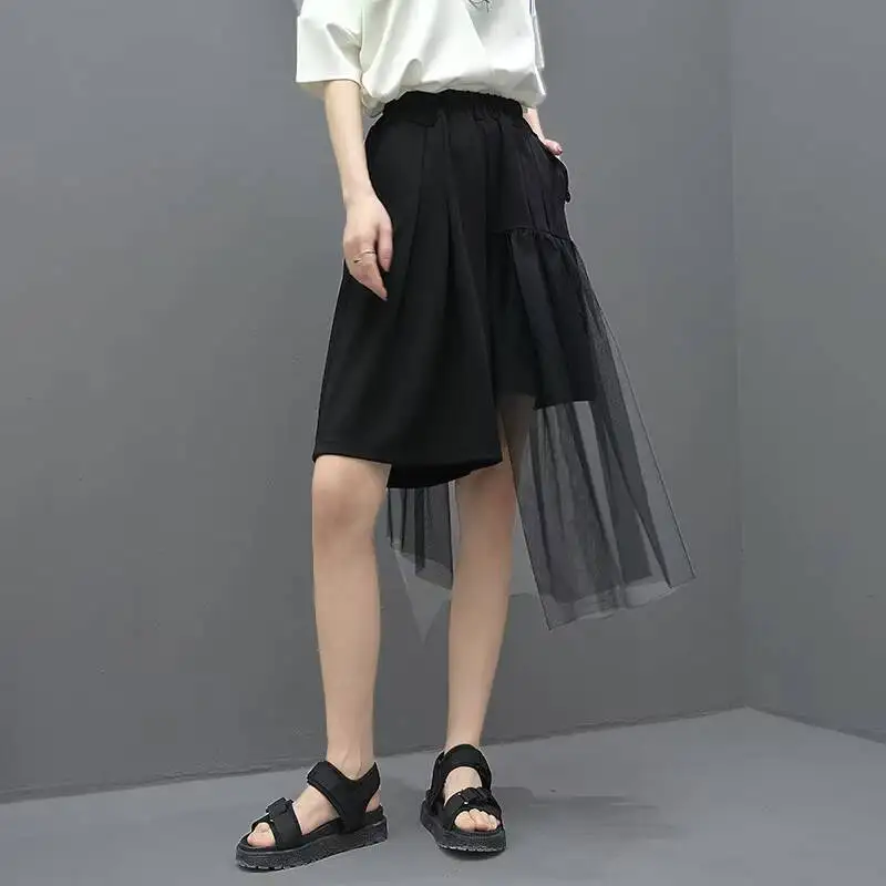 Ladies Wide Leg Shorts Pant Skirt Summer New Irregular Personality Mesh Design Fashion Trend Large Size Performance Clothing