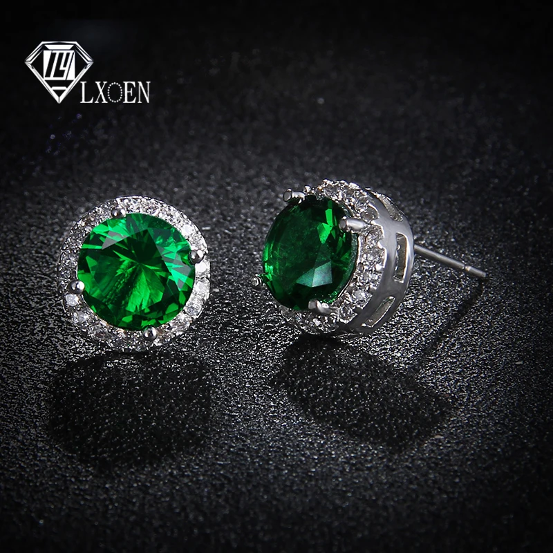 LXOEN Fashion Round Zircon Women Stud Earrings With Green Stone Silver Color Studs Ear Girl Druzy Earrings Jewelry brinco Gift