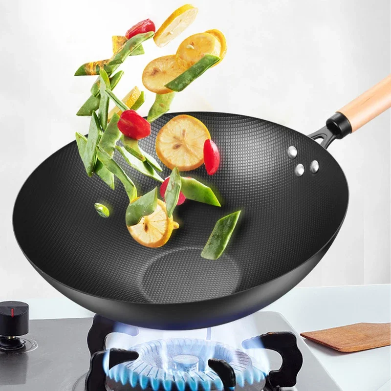 

12.6" Iron pot Wok Uncoated Non-stick Wear-resistant Household Kitchen Gas Pot Cookware Wooden Handle Frying pan Cast Iron Pan