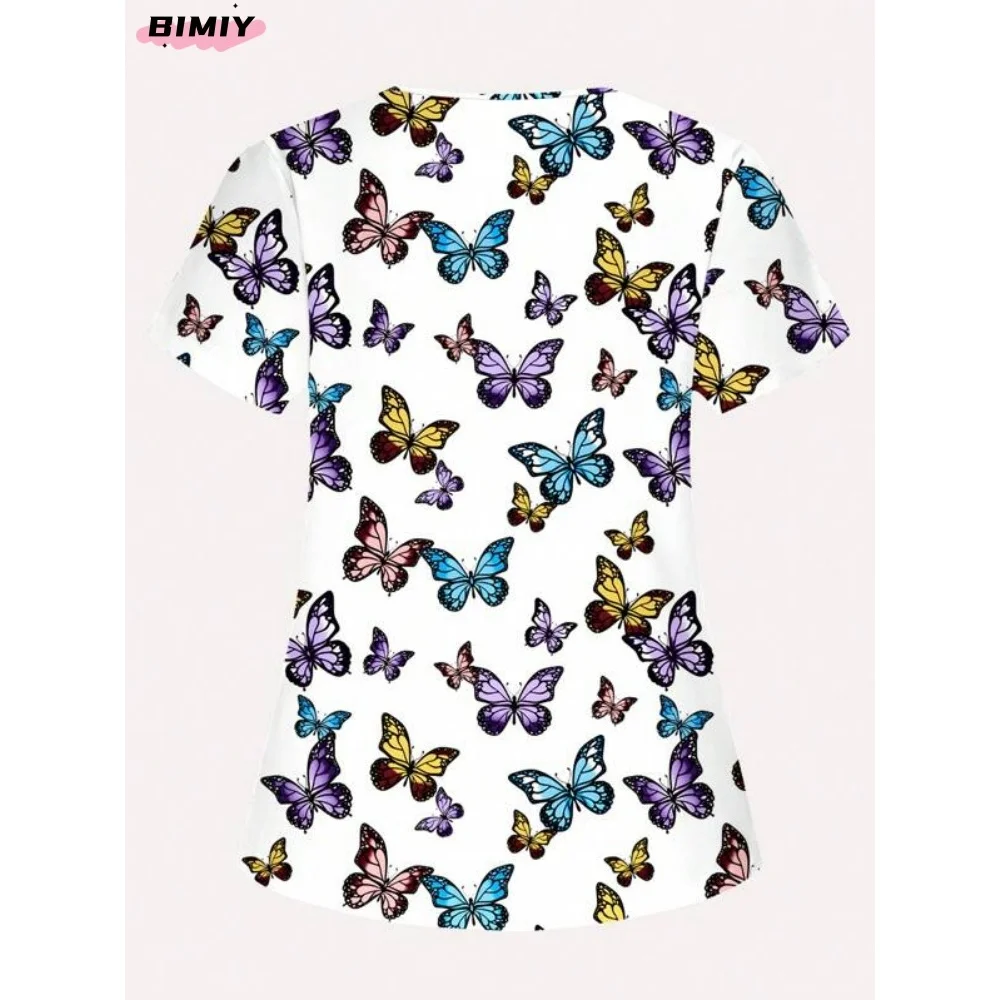 蝶スクラブトップス医療制服プリントスクラブトップ女性美容スパ制服医療看護作業服ドクターナーススクラブ