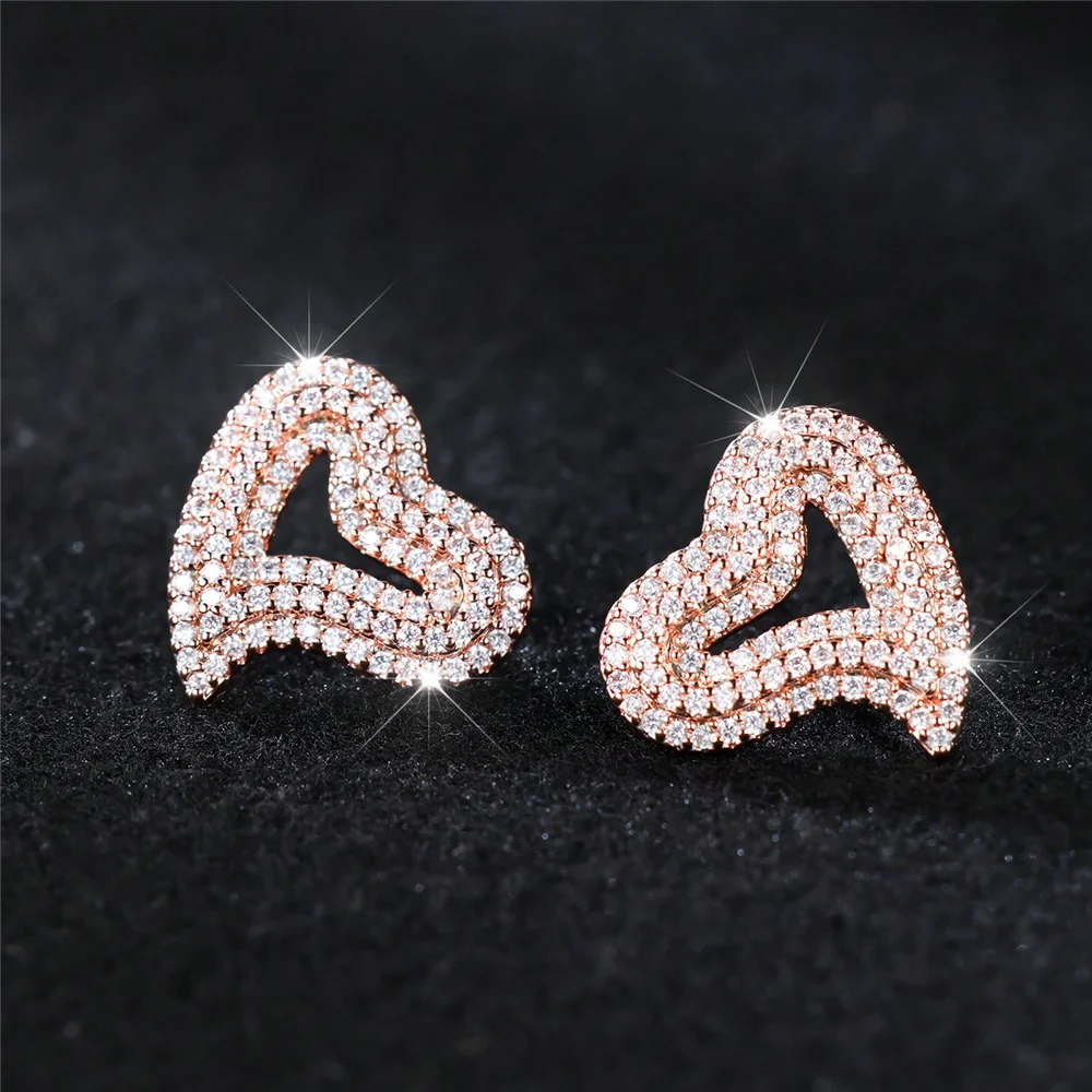 Cute Female Gold Color Small White Zircon Stone Heart Stud Earrings Lovely Bridal Wedding Jewelry For Women