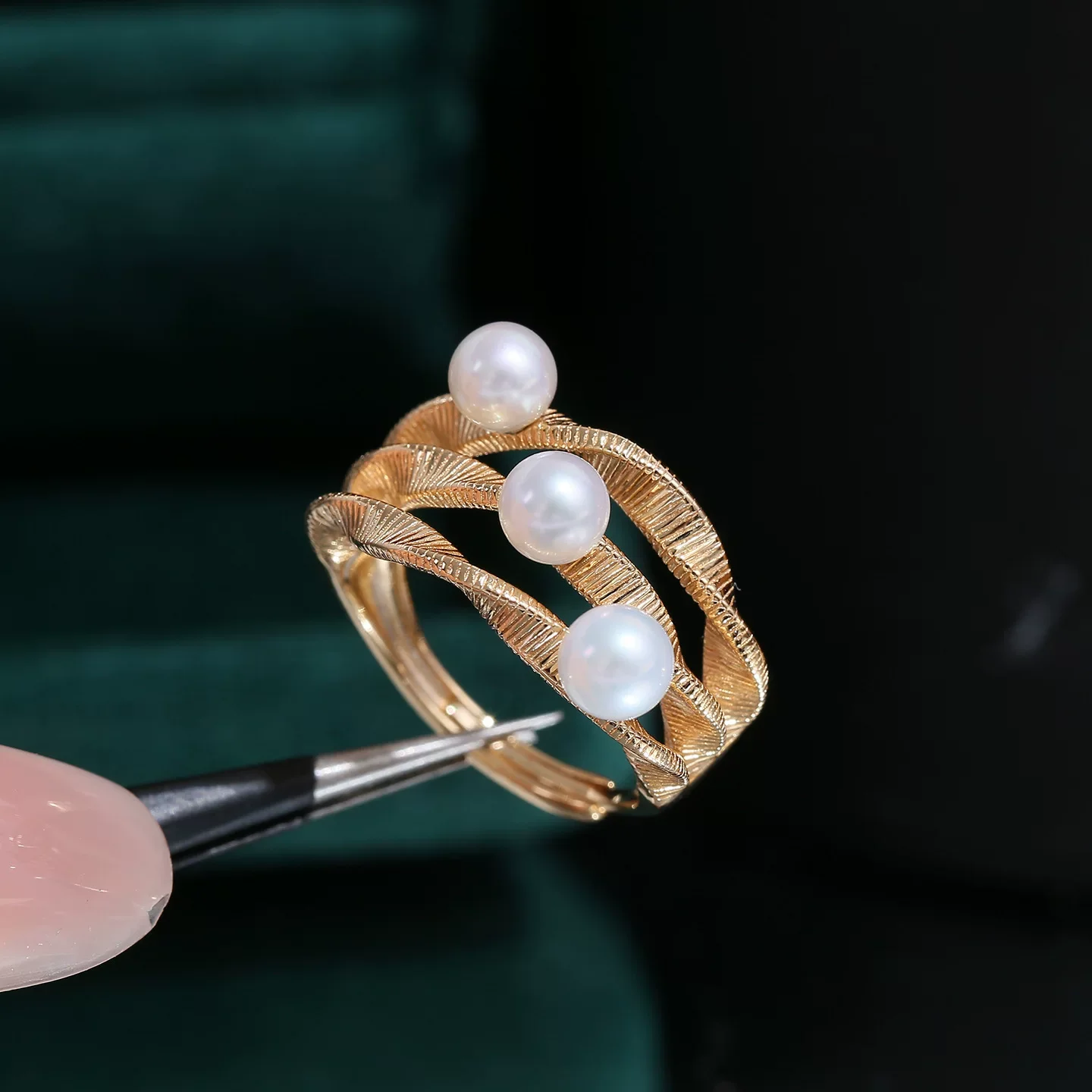 90 S925 sterling silver three-row pearl ring with empty setting, vintage accessory, three-bead ring setting, open-end