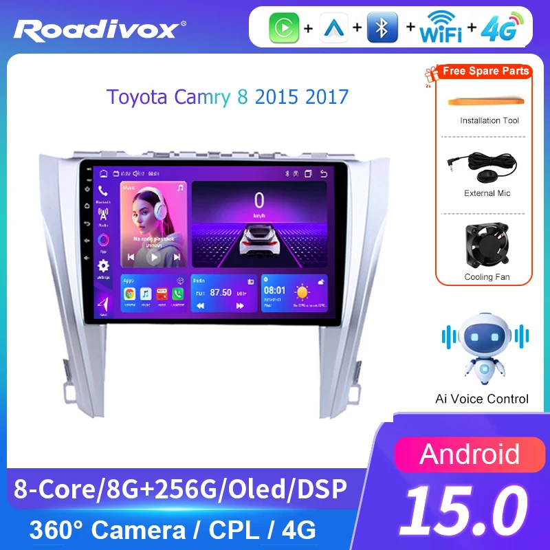 AI VOICE roadivox Android car radio for Toyota Camry 8 2015 2017 stereo GPS Navigation video Multimedia Player tape recorder