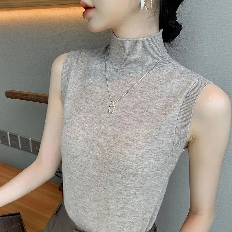 Ice Silk T-shirt 2023 Spring/summer New Korean Sleeveless Undershirt Half Turtleneck Slim Knit Underneath Vest Top