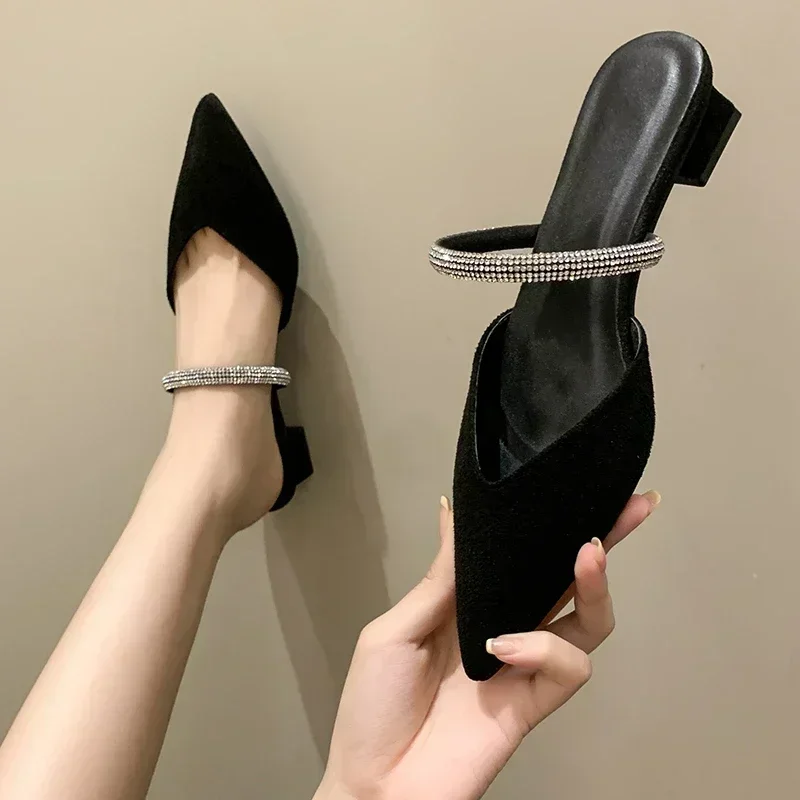 

Women's Slippers Rhinestone High Heels Pointed Mules New Summer Shoes Woman Fashion Slippers Elegant Slip-On Sweet Party Shoes