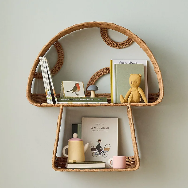 

Полка для хранения грибов ручной работы из натурального ротанга, настенное крепление, декор в стиле бохо, плавающая полка для спальни, экологически чистая домашняя книжная полка