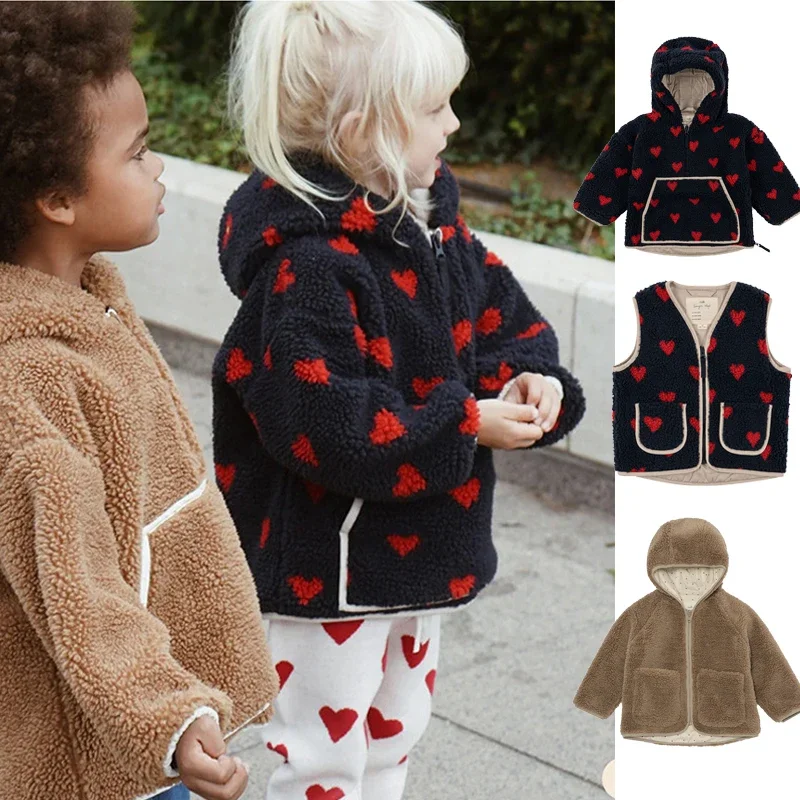 

KS Winter Kids Clothing Set 1-9 Yrs Boys Girls Baby Lamb Fleece Jacket Vest Thicken Coat Hooded Outerwear Print Christmas Clothe