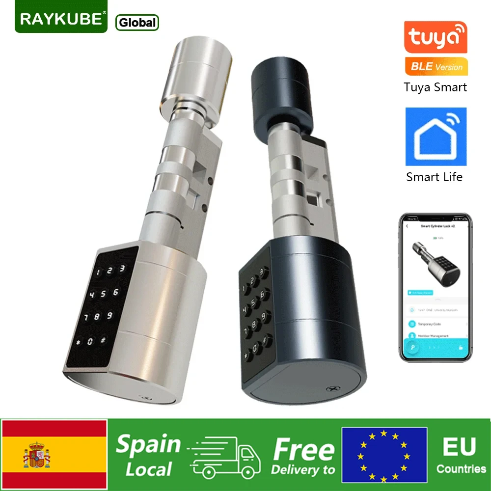 RAYKUBE Tuya BEL Fingerprint Cylinder Electronic Door Lock With Adjustable Cylinder Password/Key/Tuya APP Unlok From Spain