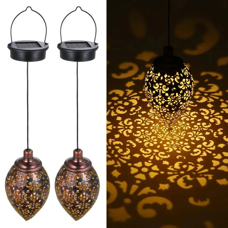 Outdoor Solar Light LED Moroccan Retro Hollow Projection Lamp Metal Waterproof Hanging Garden Light for Patio Pathway Yard Porch