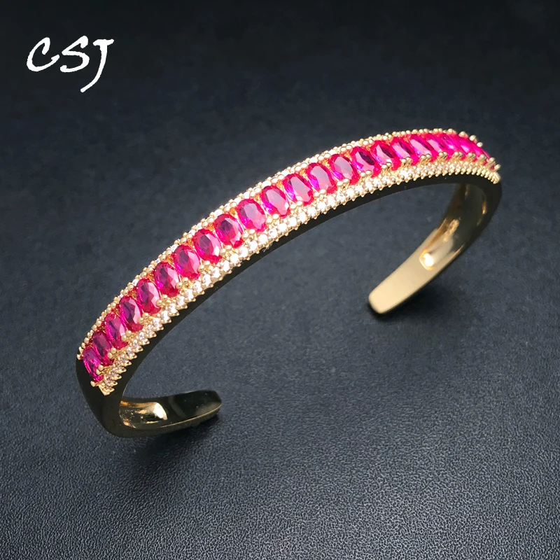 

Trendy Ruby Cuff Bangle Created Red Corundum Gemstone Bracelet Yellow Gold for Women Lady Party Birthday Fine Jewelry Gift