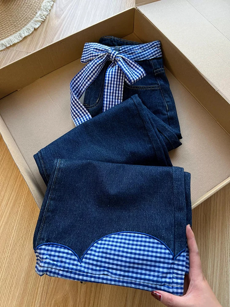 Vintage Wide Leg Jeans Women Plaid Patchwork Bow Loose Casual Denim Pants Sweet Preppy Spring Summer Harajuku Student Trouser