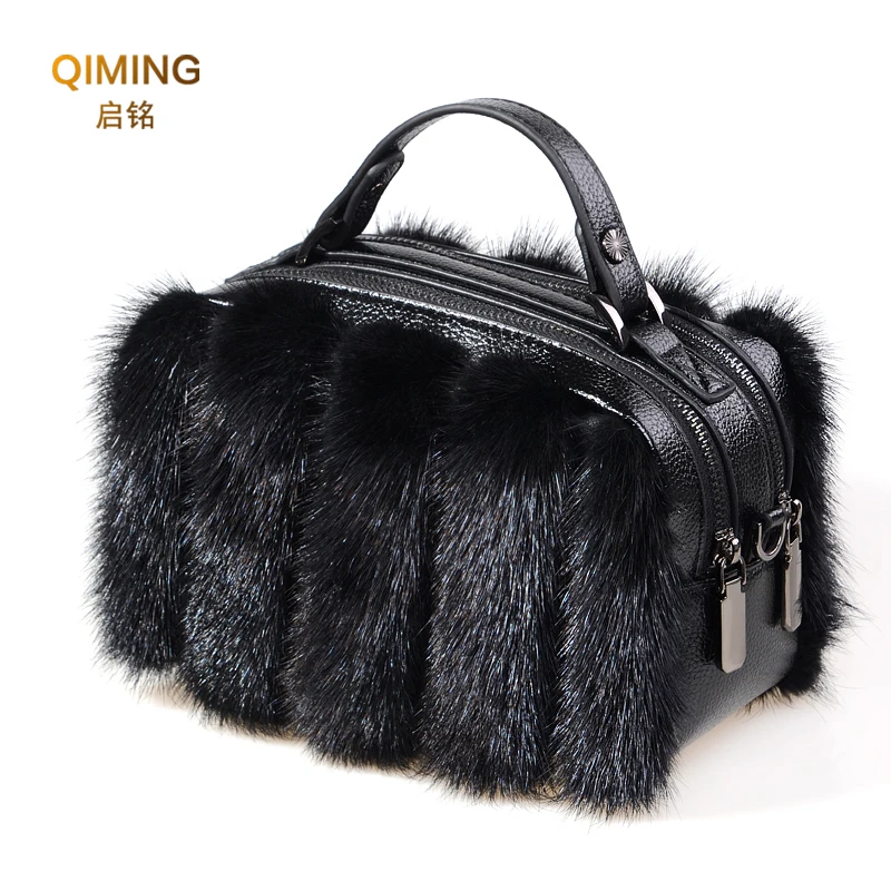 mink fur shoulder bolsa para mulheres ziper duplo quadrado bolsas de lazer bolsas femininas bolsa peludo crossbody pele real 01