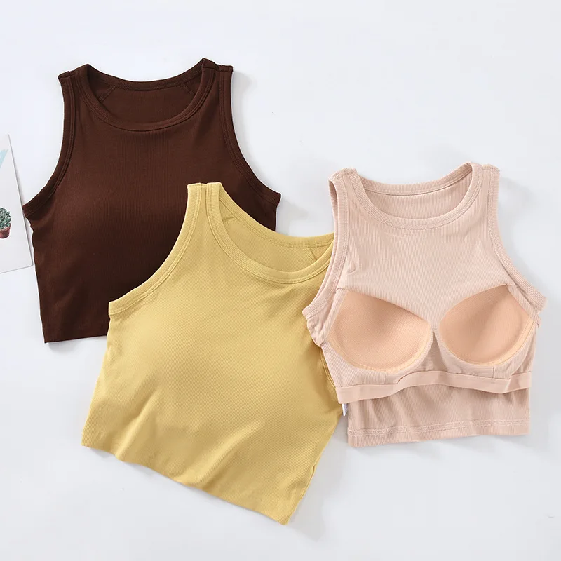 Ribbed Women\'s Camisole Solid Color Sleeveless with Padded Bust Wireless Crop Top Base Layering Undershirts Female Camis C5542