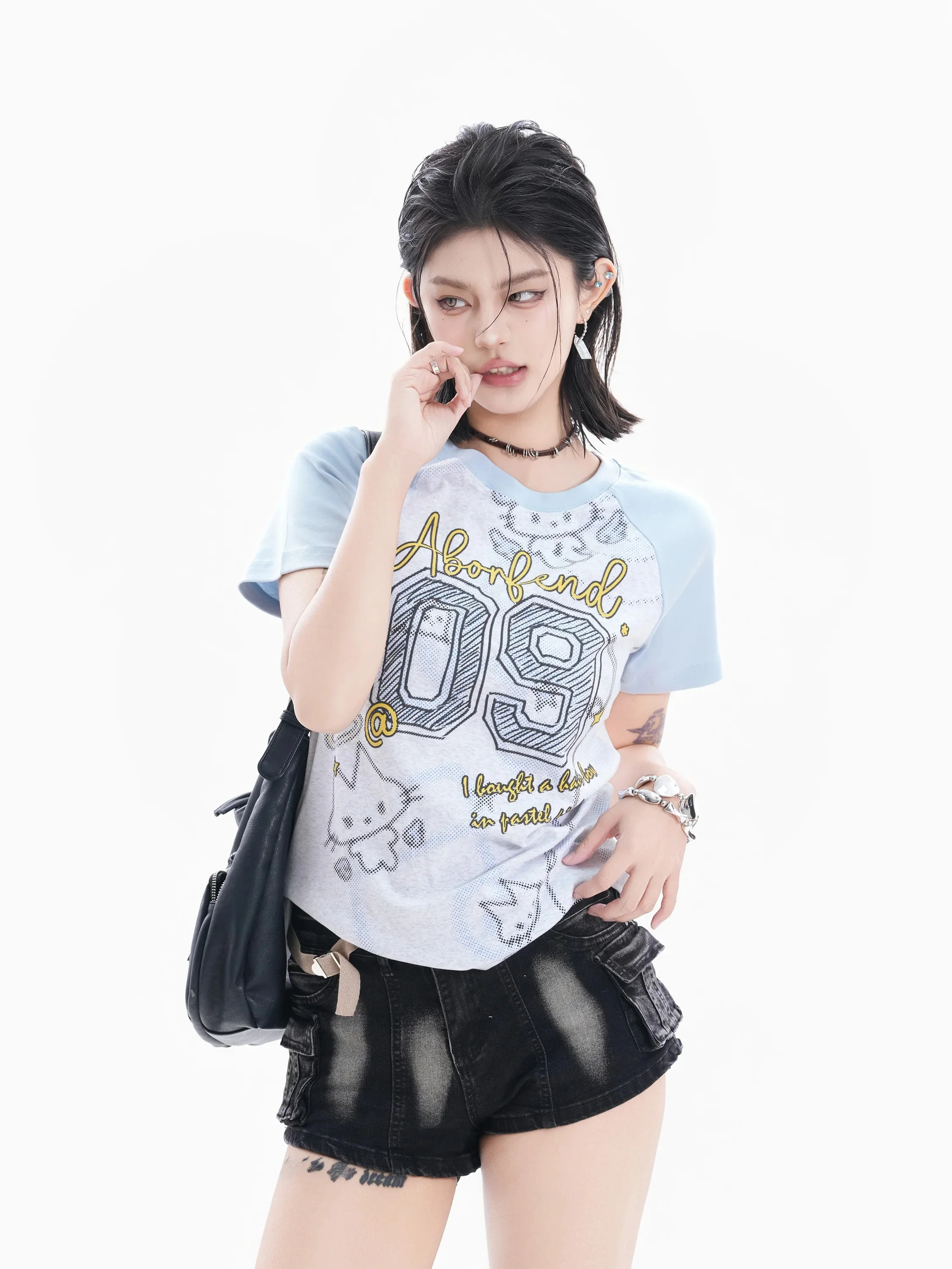 

Retro American Style Shoulder Insert T-Shirt Women Summer Spicy Number Print Slimming Small Audience Top Trendy Cotton Short ...