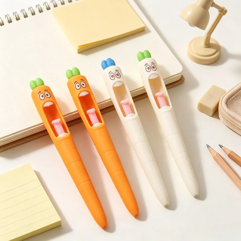 4Pcs Funny Tongue‑out Carrot Click Gel Pen Set,0.5mm Black Ink Kawaii Novelty Pens for School Learning &Student Daily Stationery