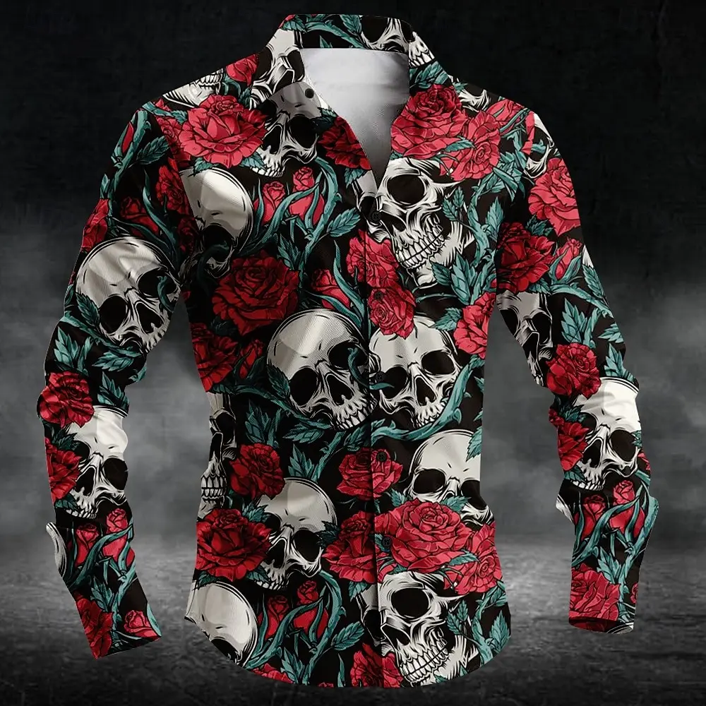 New Rose Floral Skull 3D Print Men's shirt Party Top Autumn and Winter Halloween Outdoor Street Button Lapel Plus Size Men shirt