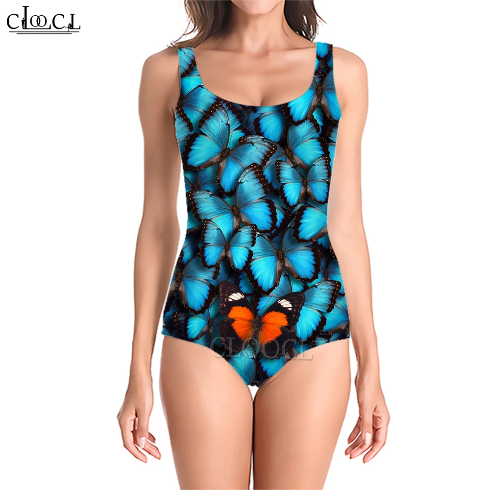 CLOOCL Swimwear Women 2023 One Piece Swimsuit Fluorescent Butterfly Print Low Neck Sleeveless Bodysuit Sexy Push Up Monokini