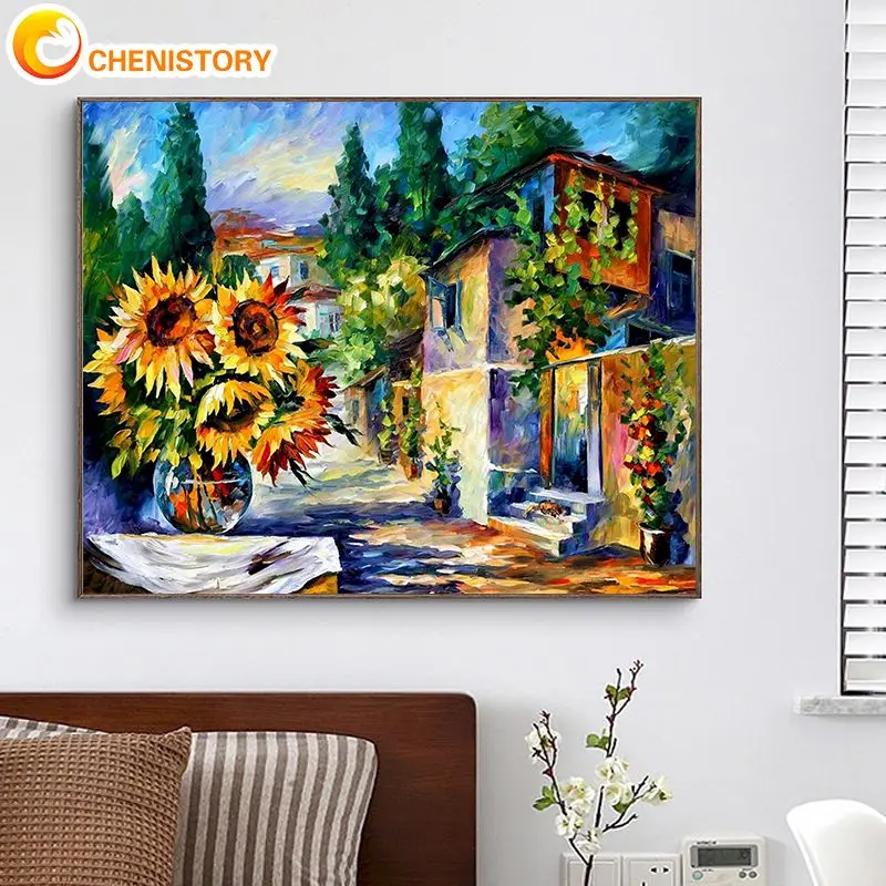 

CHENISTORY Frame Painting By Number House Landscape Drawing Paint By Numbers Sunflower On Canvas Home Decor