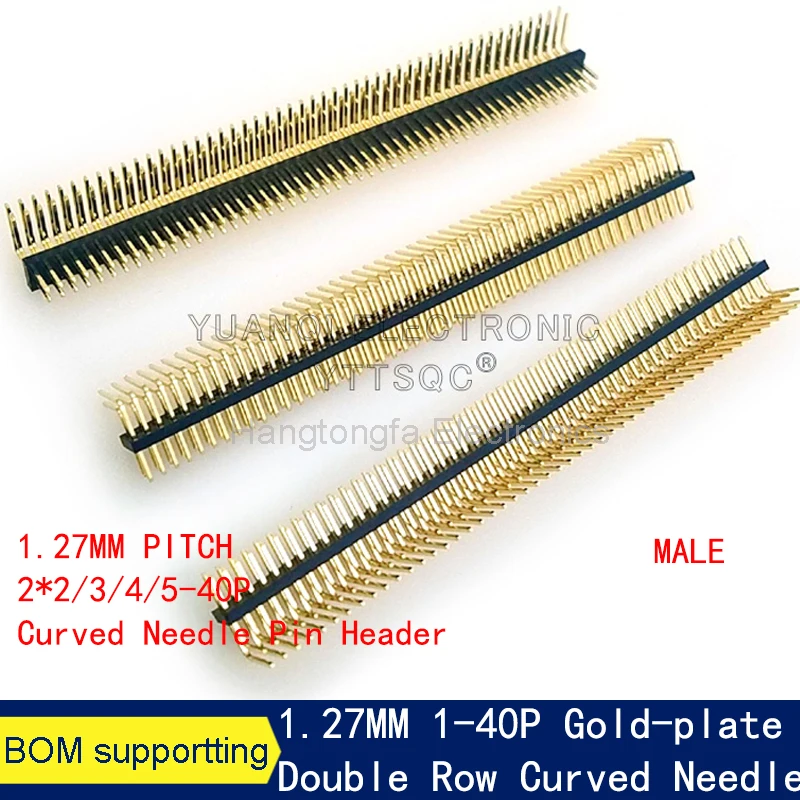 싱글 더블 로우 직각 수컷 핀 헤더, 1.27mm RA 핀 헤더, 0.05 인치 PCB 분리형 골든 플레이트, 2, 3, 4, 5, 6, 7, 8, 9, 10, 25, 40, 50P