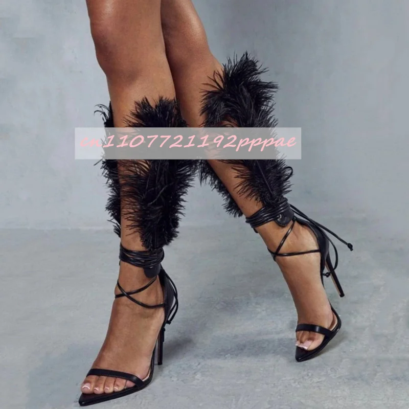 Summer New Black Feather High Heels Pointed Stiletto Cross Strap Sandals Women Luxury Elegant Party Puttee Shoes Zapatos Mujer
