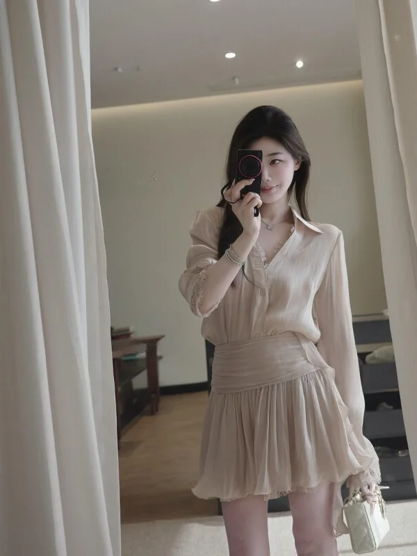 plus Size Women's Fashion Set Slimming Short Skirt Waist Cinching Top Gentle Summer Style Two Piece Suit High Waist  Shirt