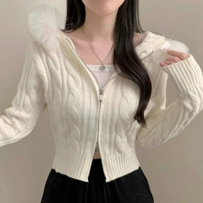 

Hooded Zipper Sweater Coat Women Autumn Korean Chic Solid Slim Fur Collar Slim Fit Cropped Knitted Cardigan Female Knitwear Tops