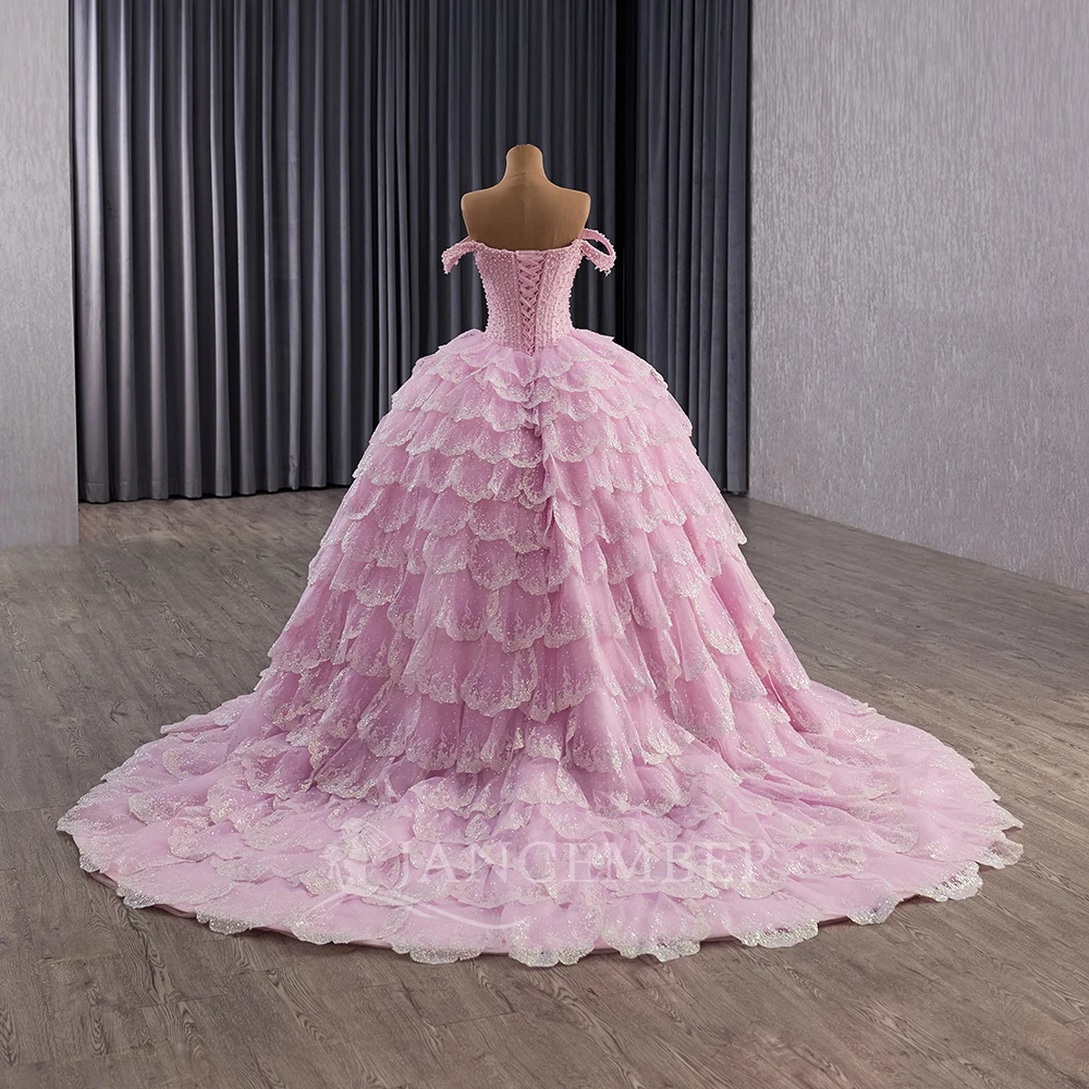 Abiti stile Quinceanera con spalle scoperte Corsetto personalizzato in rilievo Organza Abito dolce 16 Abito da ballo a strati Abiti 15 Anos Princes lucidi