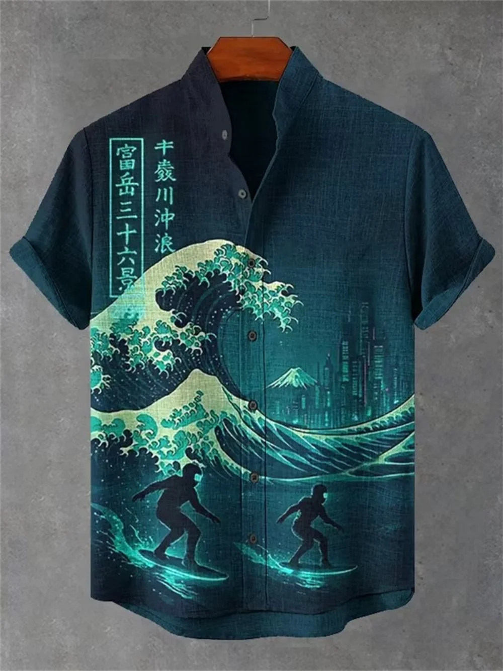 

Men's standing collar short sleeved shirt Kanagawa wave print casual loose shirt retro Japanese art beach holiday shirt