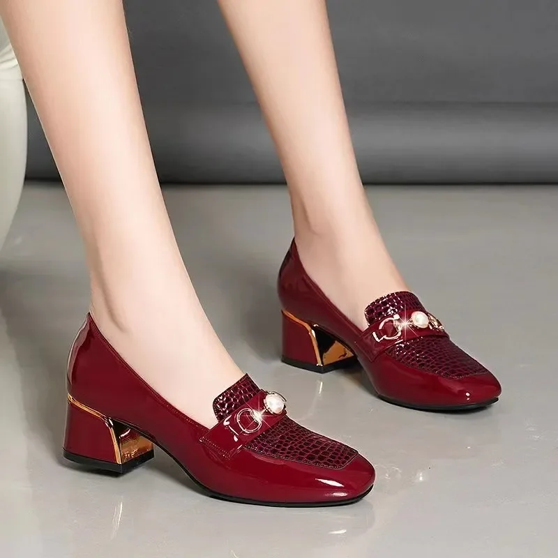 Zapatos De Mujer Women Cute Round Toe Wine Red High Quality Office Square Heel Shoes Lady Casual Black Sexy Party Heels A174