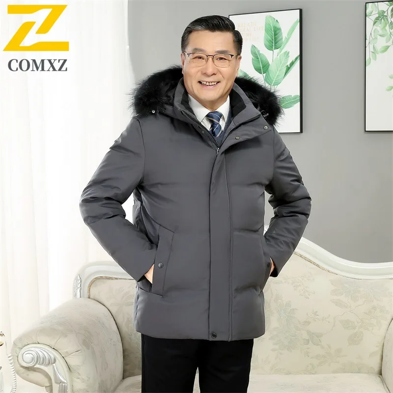COMXZ Luxury Men Down Jacket Fur Collar Hooded Outdoor Work Cold Protection Puffer Coat Solid Color Travel Windproof Winter Coat