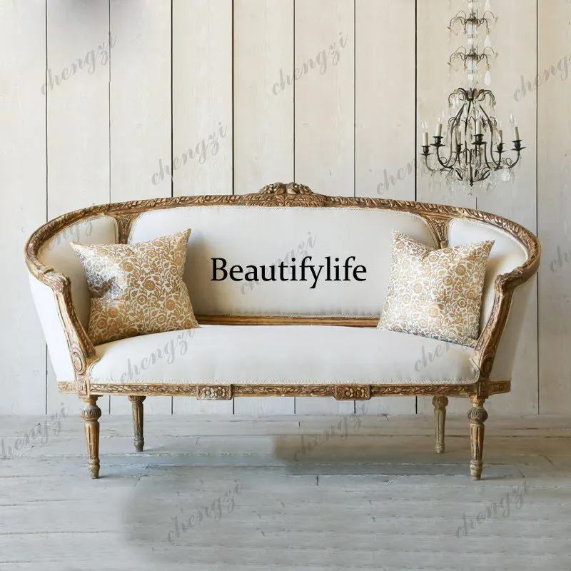 A73 French solid wood retro old antique French American fabric leisure sofa B & B beauty sofa