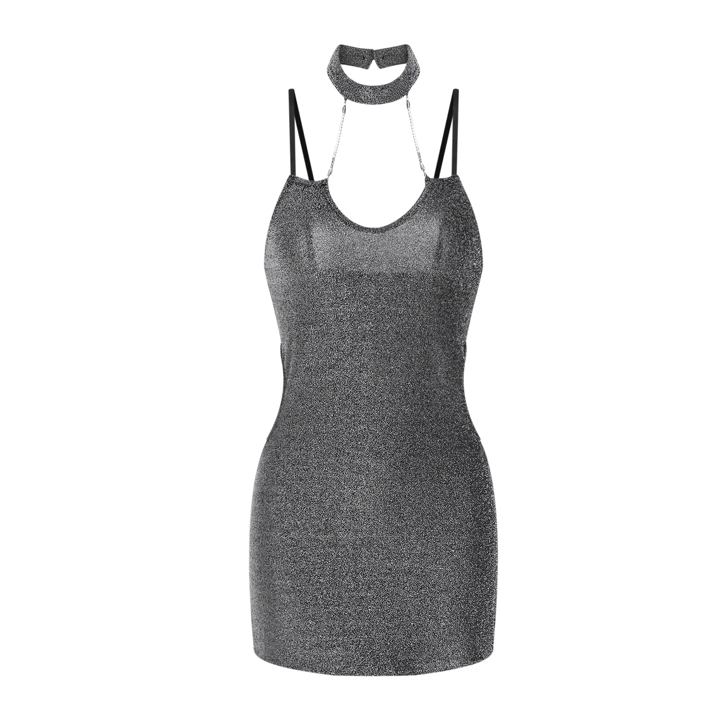 Nightclub-style Sexy Halter Neck Chain-decorated Side Cutout Alluring Slim-fit Bodycon Women's Camisole Nightdress LSIA