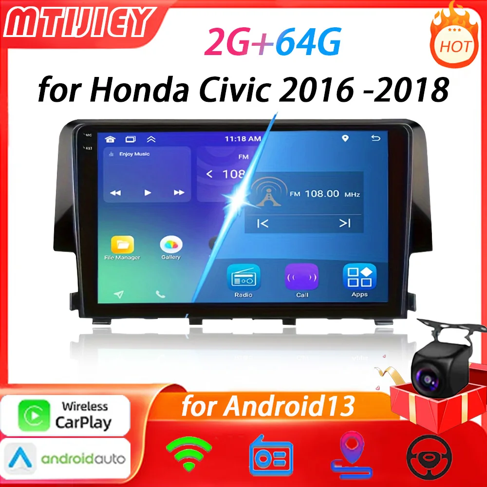 

MTIJIEY 2+64G Autoradio Android 13 Carplay Car Stereo Radio for Honda Civic 2016 2017 2018 Multimedia Player Navigation GPS 2Din