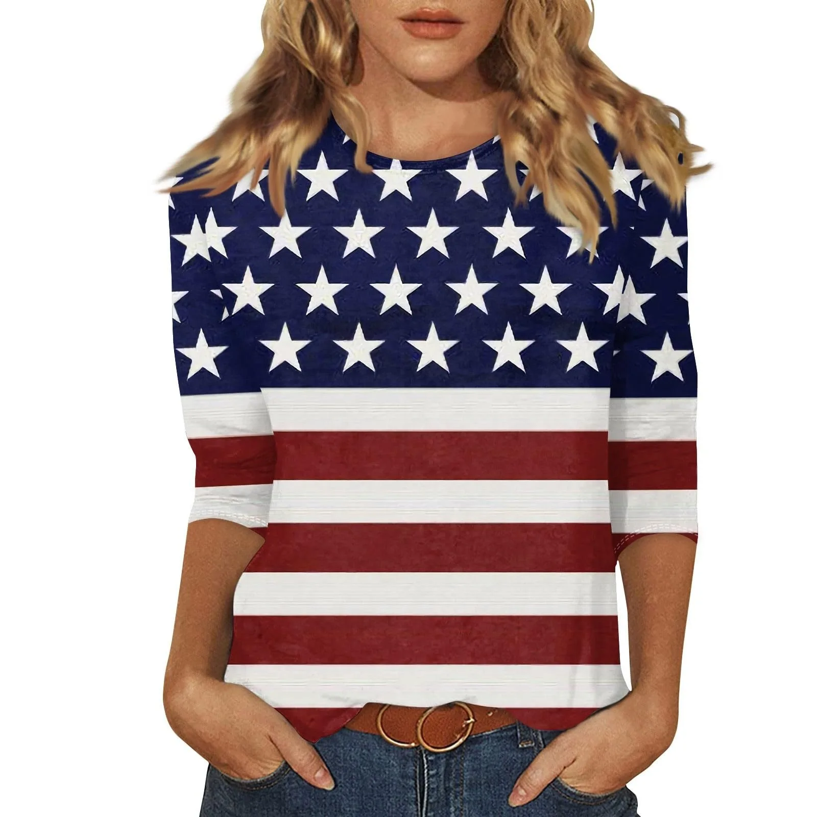 

Flag print Korean version versatile fashionable slim fit top for women with seven quarter sleeves thin commuting WA21