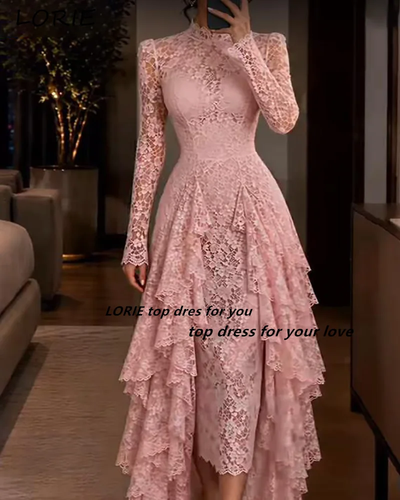 LORIE Muslim Crepe Evening Dress Hi-Lo Pleats High Neck Bobycon Prom Dress Lace Appliques Party Gown Customized Brithdays Dress