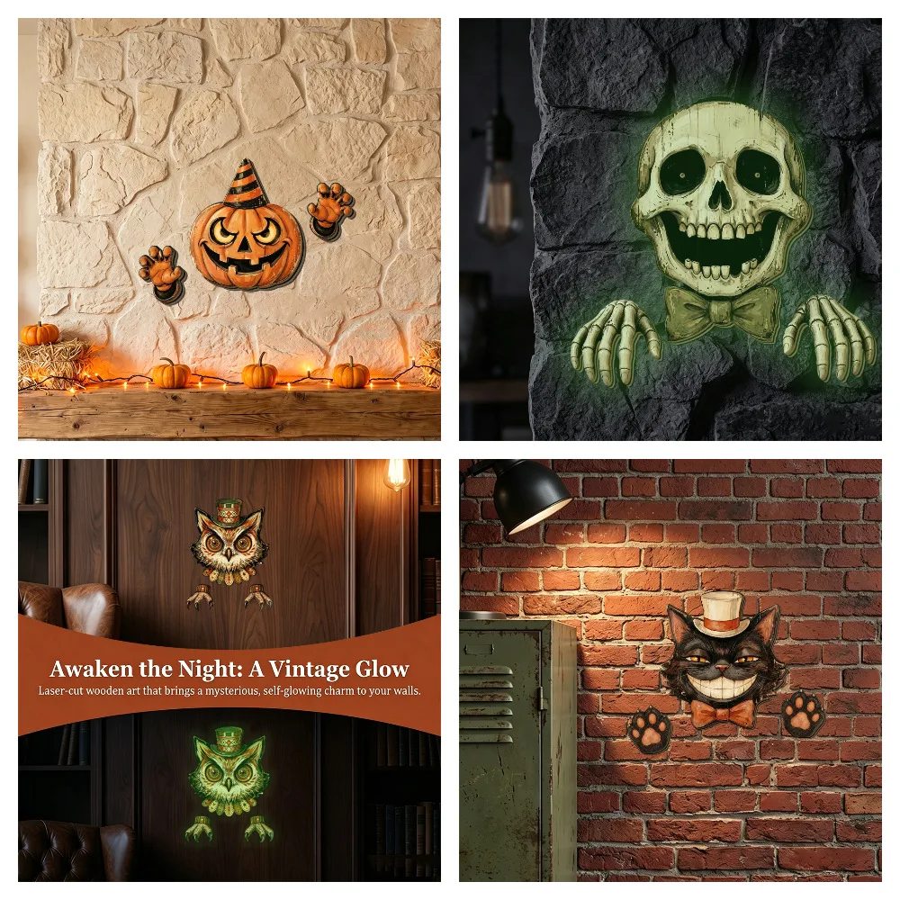 Glow-in-the-Dark Wooden Halloween Hanging Decor, Skeleton Ornament Set for Garden Porch Tree, Spooky Rustic Night Light Pendant