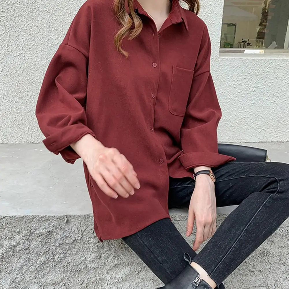 

Basic Collar Women Shirt Stylish Women's Single-breasted Long Sleeve Cardigan with Patch Pocket Soft Casual Blouse for Ol