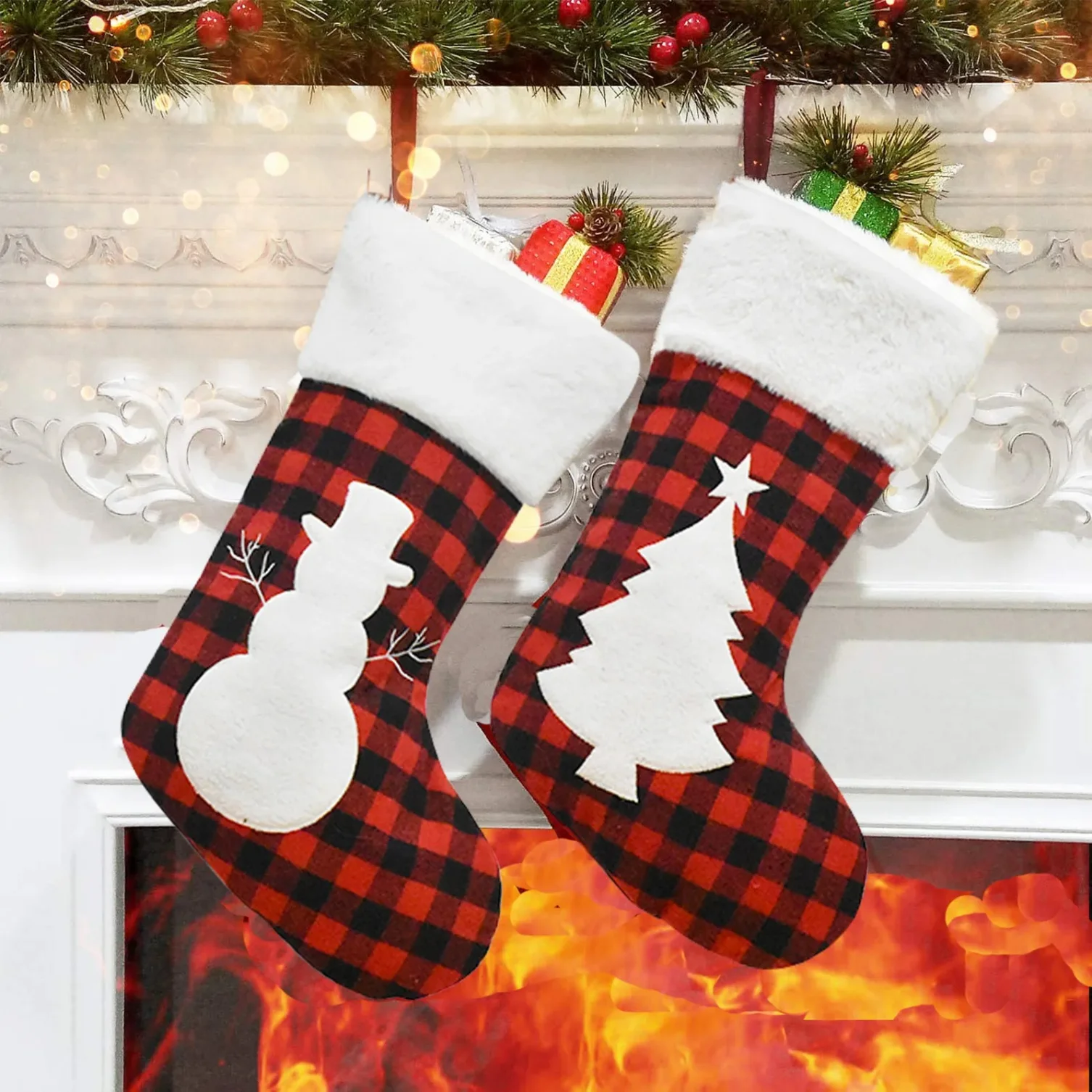 Christmas Stocking Fireplace Decor Christmas Gift Fun Tree Snowflake Red White Plaid Sock Boots Fireplace Home Decoration - Image 2