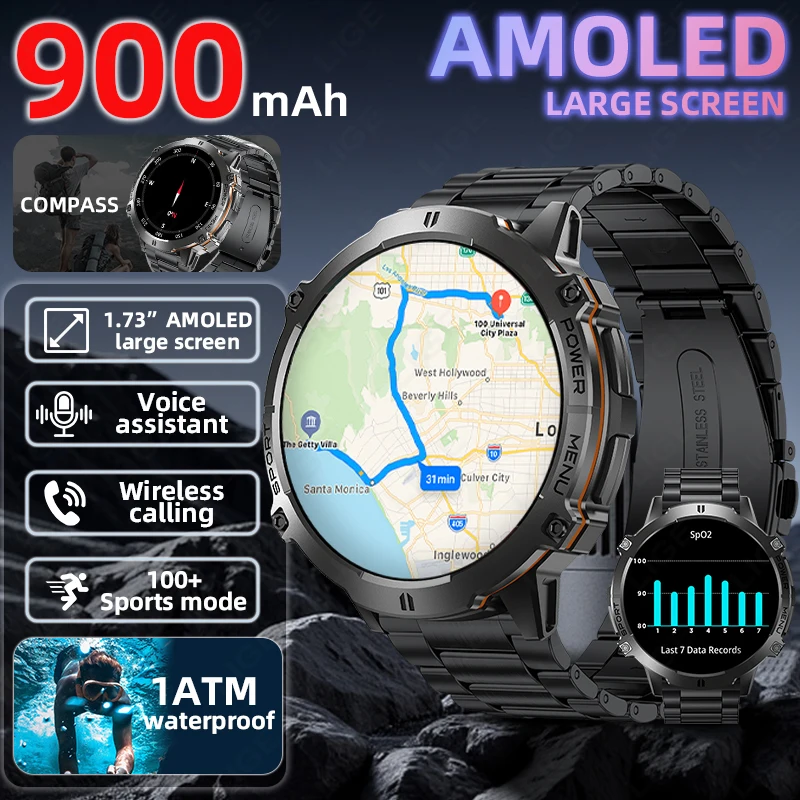 LIGE nouveau GPS Tracker montre intelligente pour hommes 900mAh grande batterie AMOLED écran hommes montres moniteur de santé BT appel Smartwatch homme