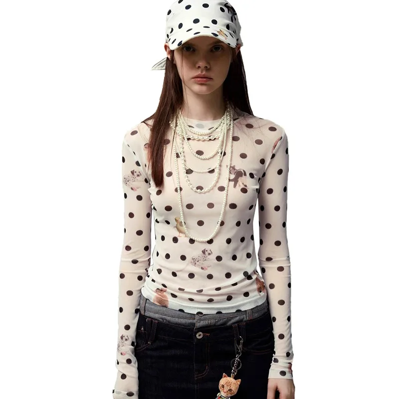 

2026, осенний новый модный универсальный утягивающий короткий топ с длинными рукавами и принтом в американском стиле в горошек для женщин