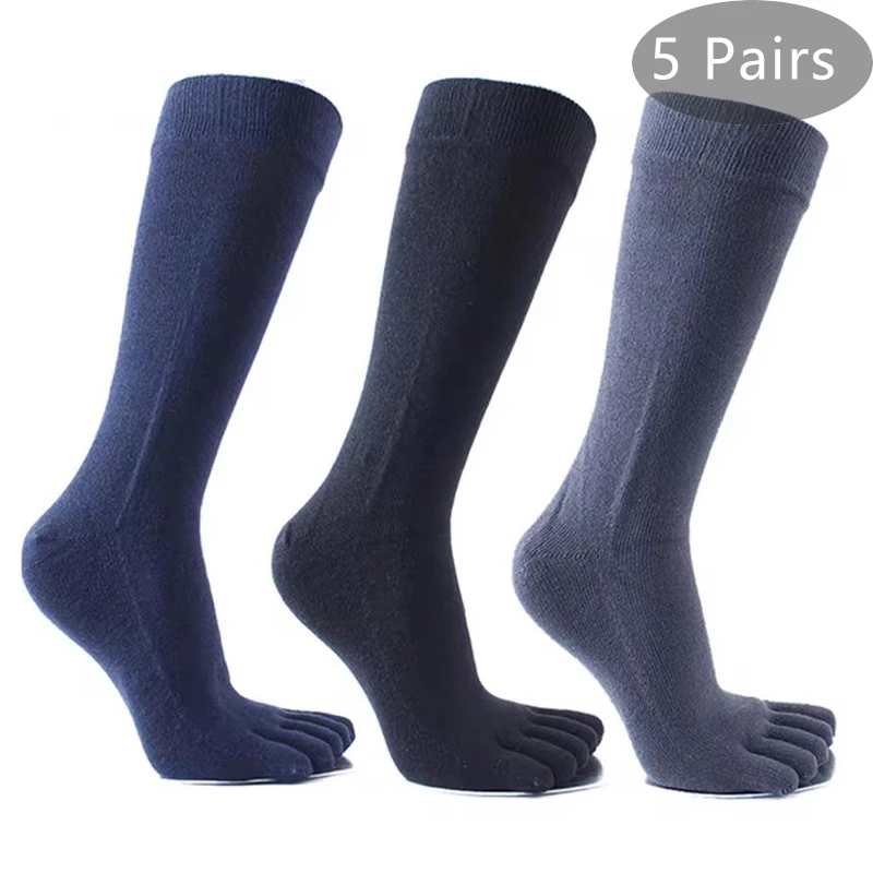 5 Pairs Combed Cotton 5 Finger long  Socks Man Solid Business Soft Elastic Sweat-Absorbing Anti-Bacterial Party Dress Toe Socks