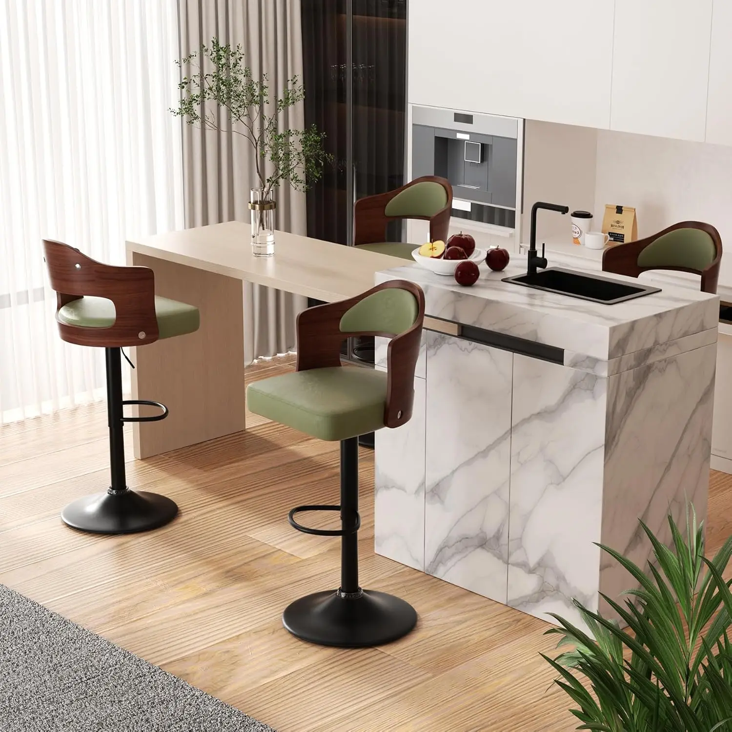 

Набор из 4 вращающихся барных стульев, регулируемая высота сиденья 24,5-33,5 дюйма, деревянные барные стулья с обивкой из искусственной кожи, на заказ