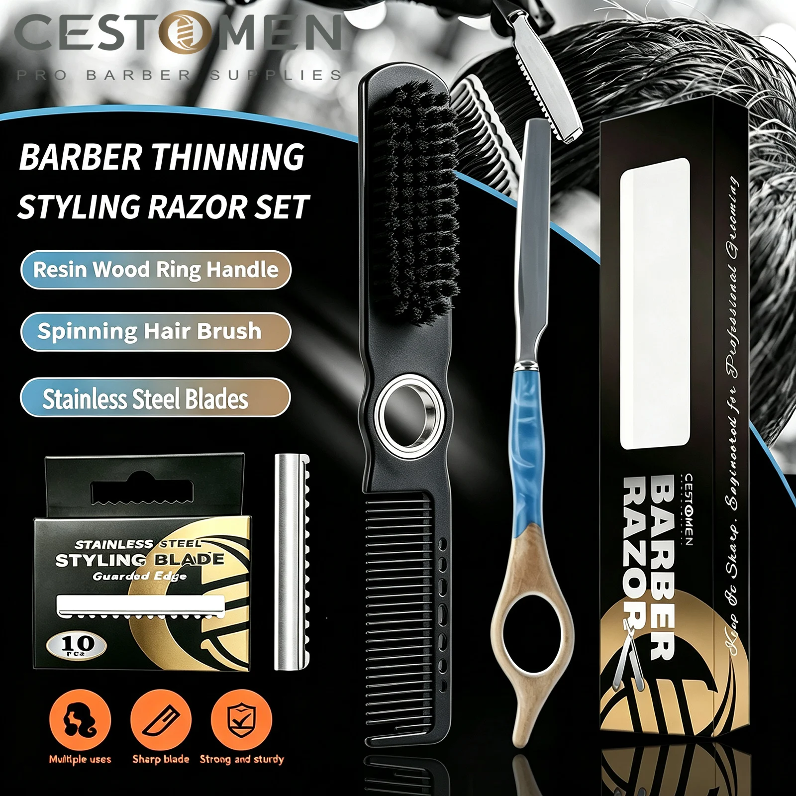 Pro Hair Thinner Razors Kit Include Spinning Hair Brush Comb, Wood Ring Handle Barber Haircut Thinning Razor Holder With Blades