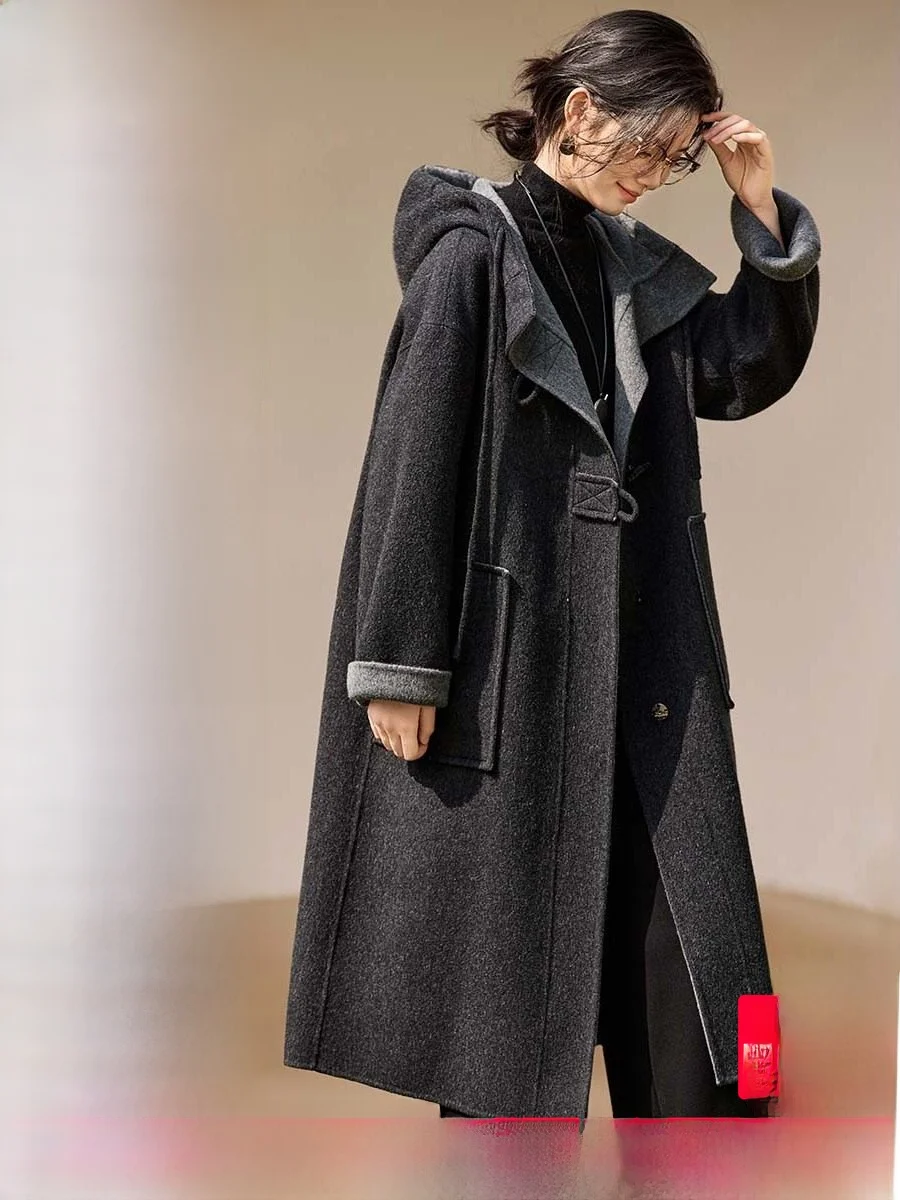 

Mo Han Mei Woolen Coat Double Sided Double Color Commuter Long Casual Warm Woolen Outerwear Korean Sle Straight Cut